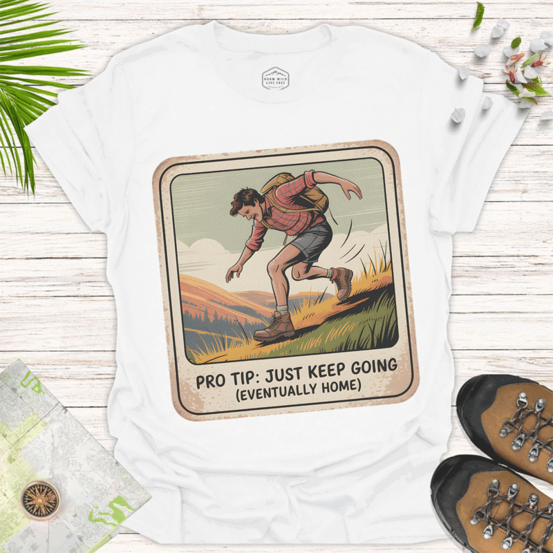 Adventure Motivational T-Shirt - 'Pro Tip Just Keep Going' - white