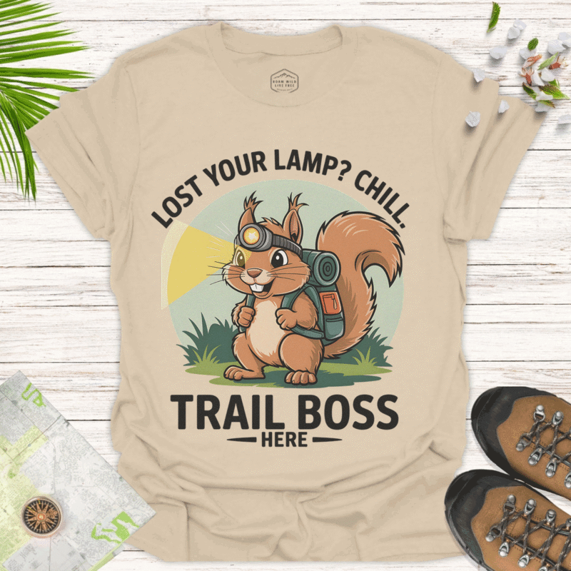 Adventure Squirrel T-Shirt for Campers and Nature Fans - sand