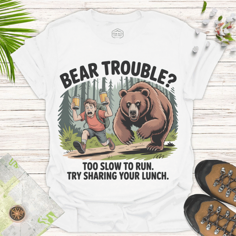 Bear Trouble — Humorous Tee for Nature Lovers & Adventurers - white