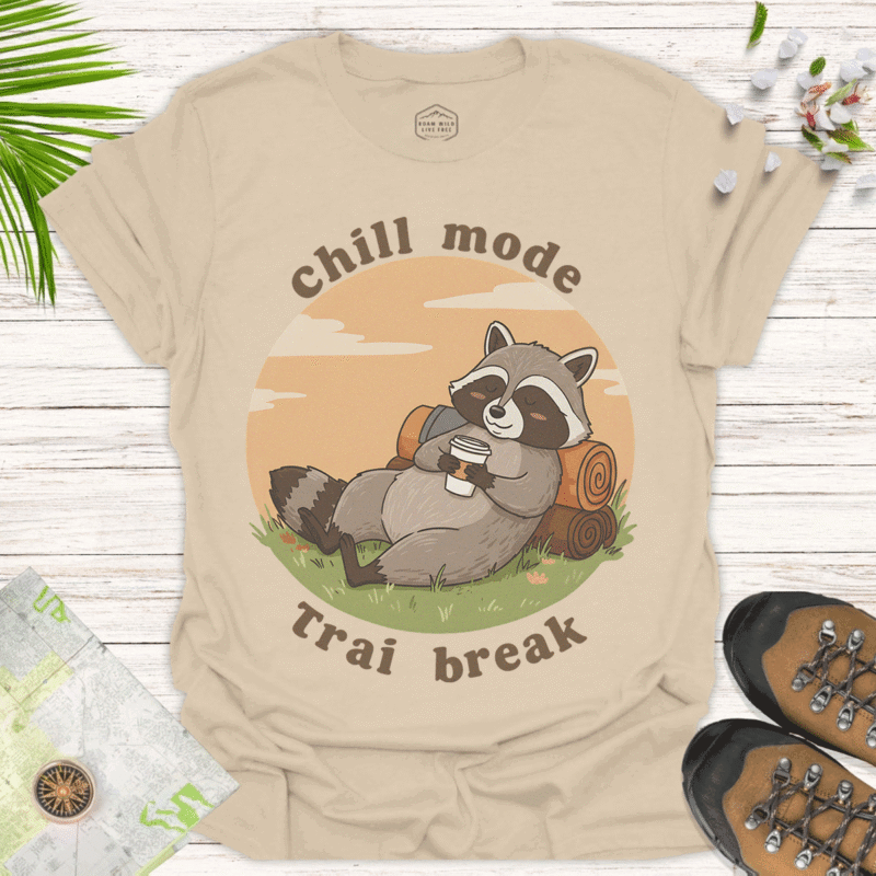 Chill Mode Raccoon Tee – Casual Unisex Relaxed Fit Shirt- sand
