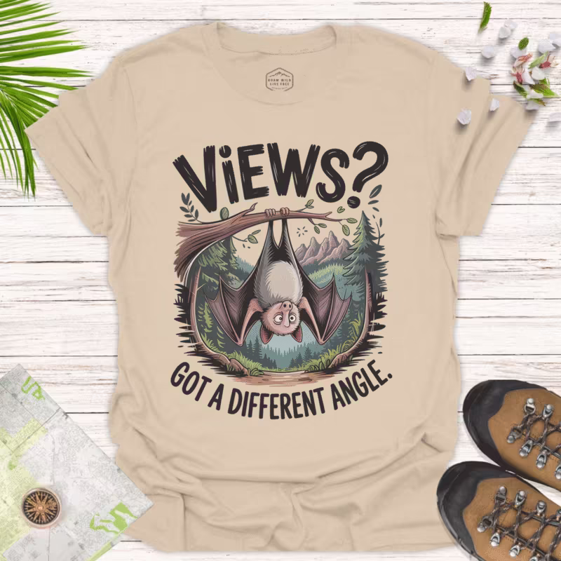 Clever Upside-Down Bat T-Shirt - Humorous Perspective - sand