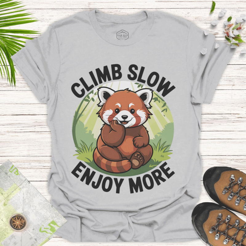 Climb Slow, Enjoy More – Cute Red Panda Relaxed Fit Tee - ice grey