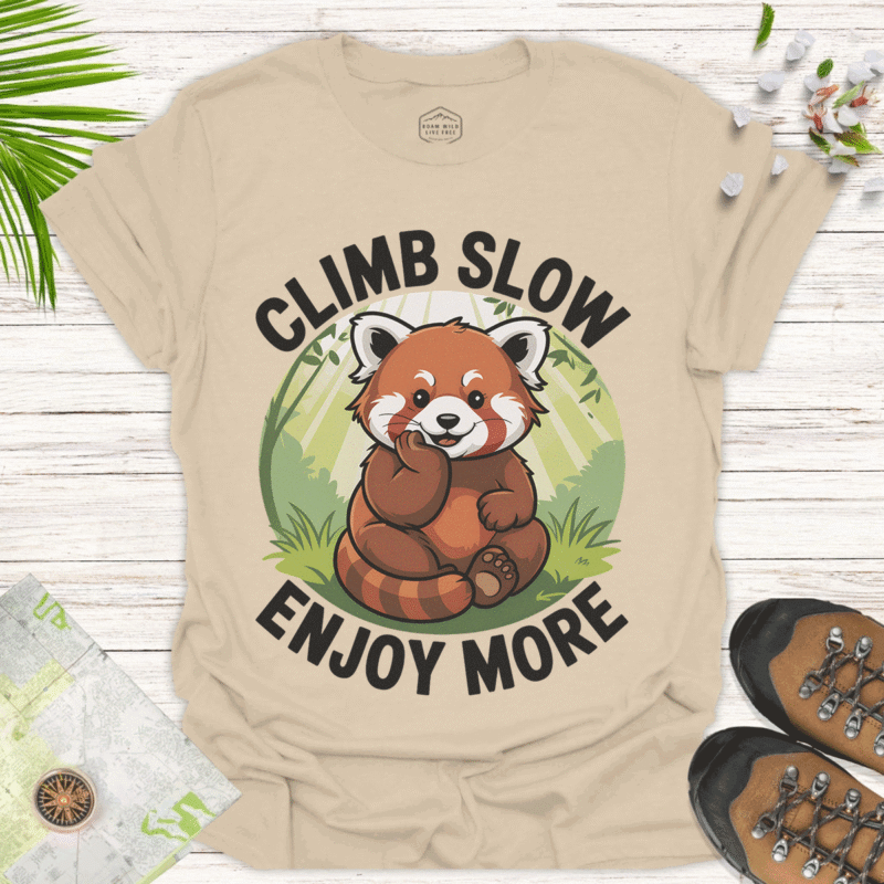 Climb Slow, Enjoy More – Cute Red Panda Relaxed Fit Tee -sand