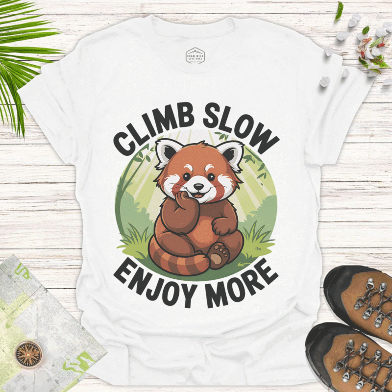 Climb Slow, Enjoy More – Cute Red Panda Relaxed Fit Tee - white