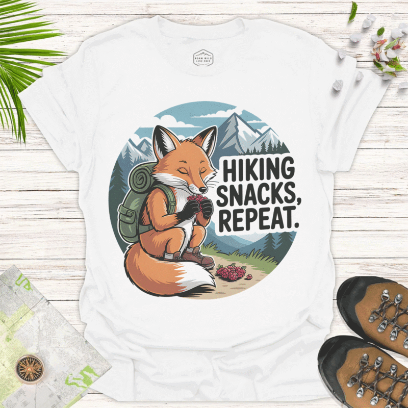 Cute Fox Hiker Tee - Hiking Snacks, Repeat Outdoors Gift - white