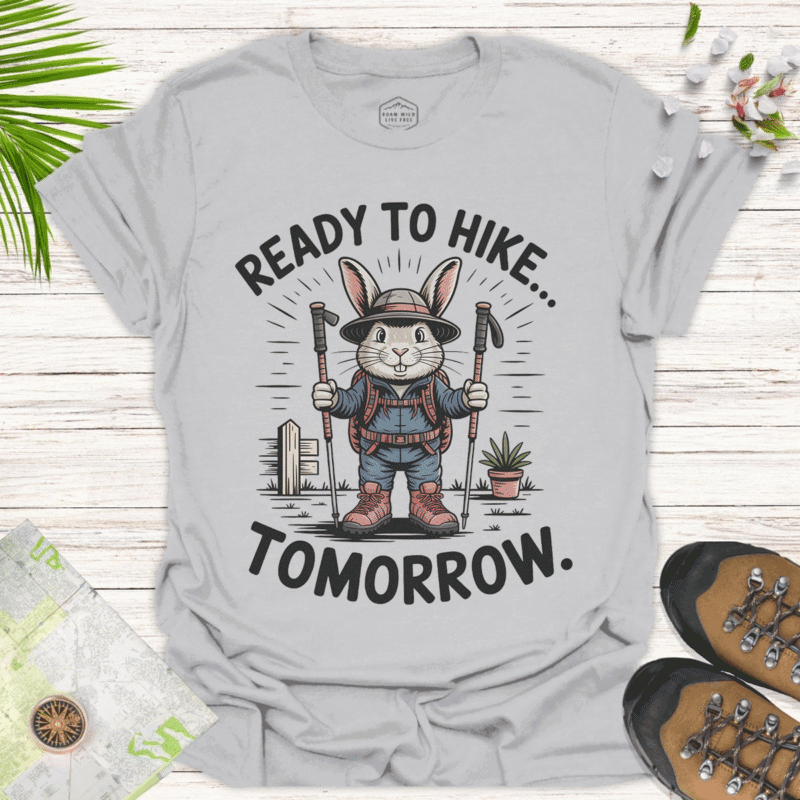 Cute Hiking Bunny T-Shirt - Always Ready For Tomorrow! - ice grey