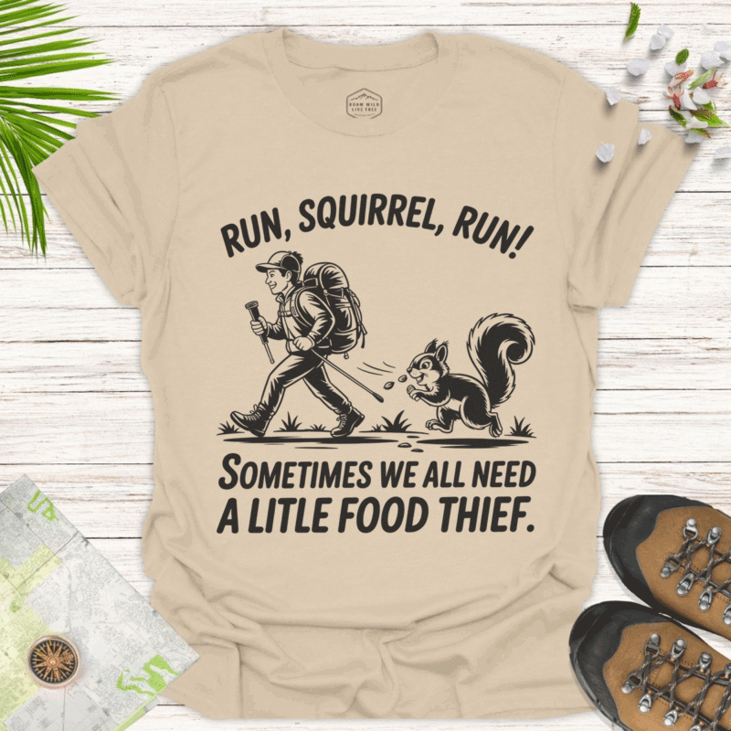 Food Thief Alert! Hiker & Squirrel Adventure Shirt - sand