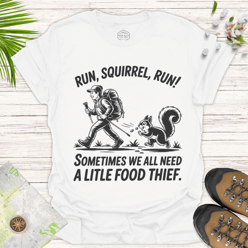 Food Thief Alert! Hiker & Squirrel Adventure Shirt - white