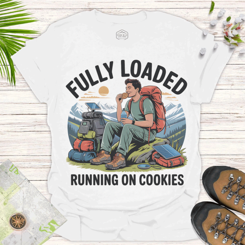 Fully Loaded Camping T-Shirt - Running on Cookies - white