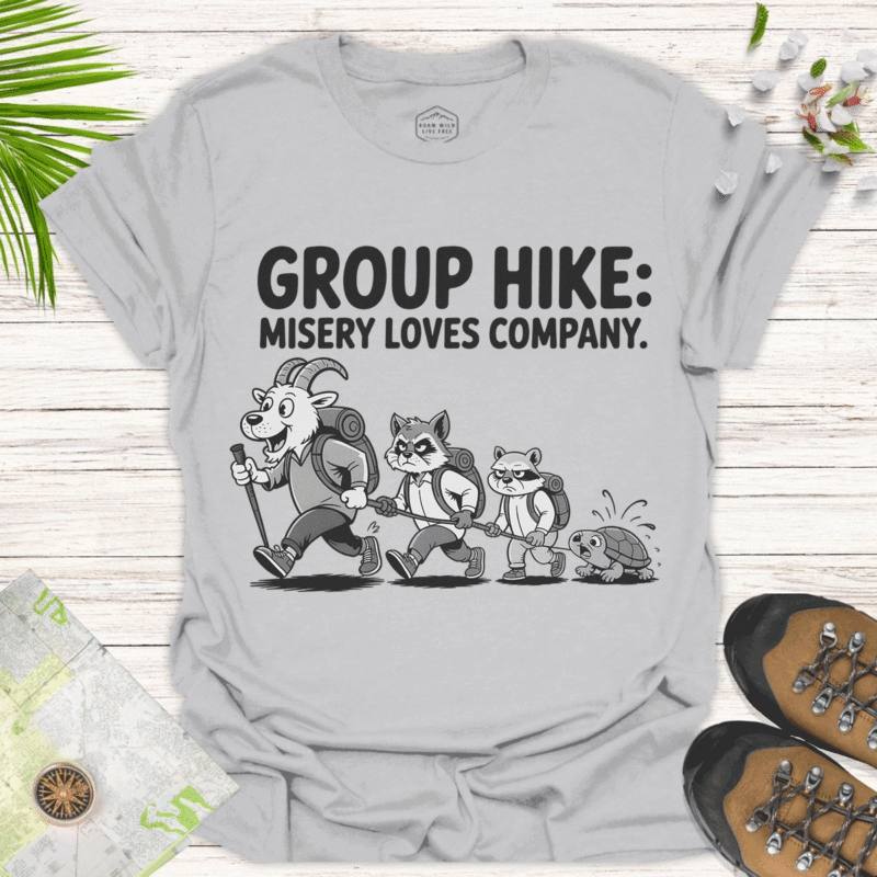 Funny Animal Hikers Tee - Misery Loves Company Shirt - ice grey