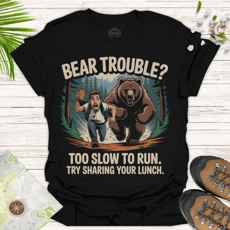 Funny Bear Trouble Unisex T-Shirt - Outdoor Adventure Humor Tee - black