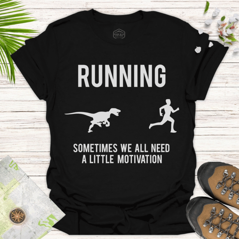 Funny Dino Running Motivation T-Shirt for Fitness Enthusiasts- black