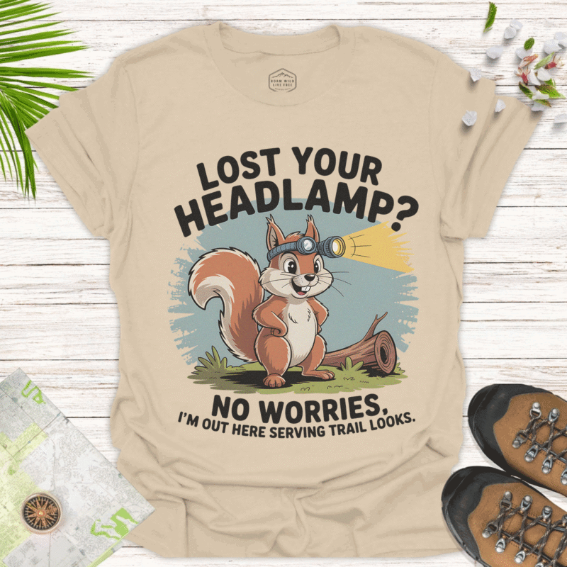 Funny Lost Headlamp Squirrel T-Shirt - Perfect for Outdoor Lovers-sand