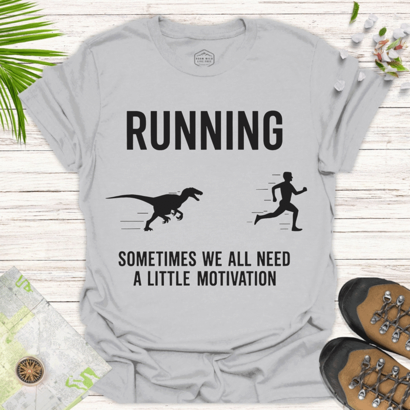 Funny Running Tee: Dinosaur Chasing Runner - Motivational T-Shirt