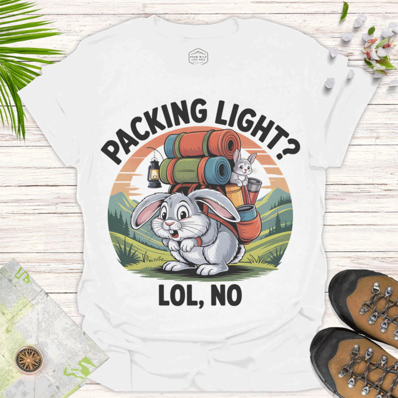 Funny Squirrel Hiker Tee – “Packing Light” Camping - white