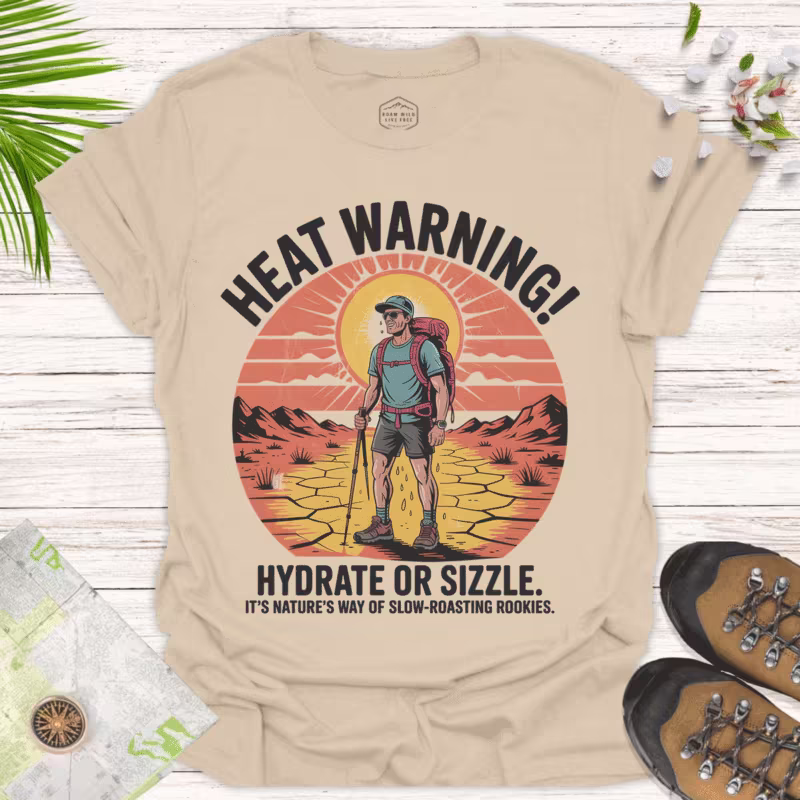 Heat Warning — Hydrate or Sizzle Outdoor Adventure Tee - sand