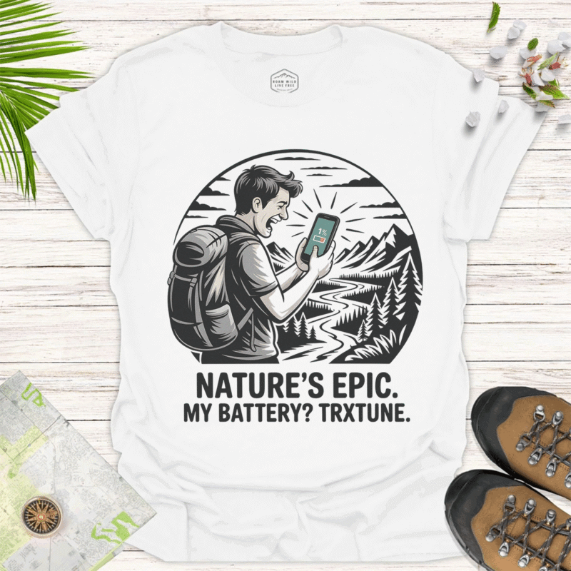 Hiking & Adventure Tee Nature's Epic. My Battery Tratkize. - white