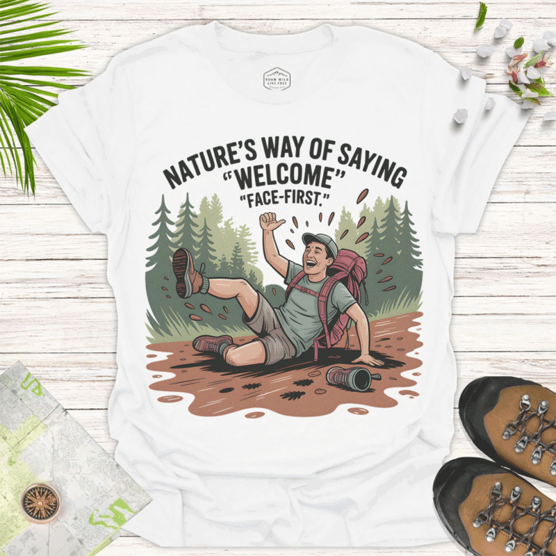 Humorous Hiking Shirt - Nature's Face-First Welcome! - white