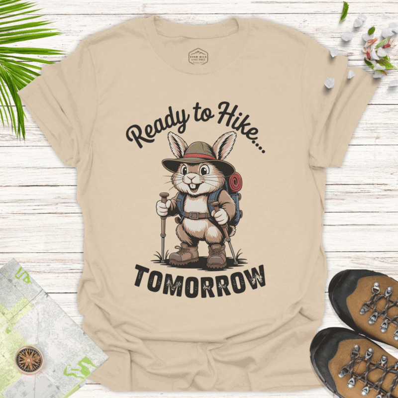 Humorous Outdoors Rabbit Tee - Procrastinator Hiker Shirt sand