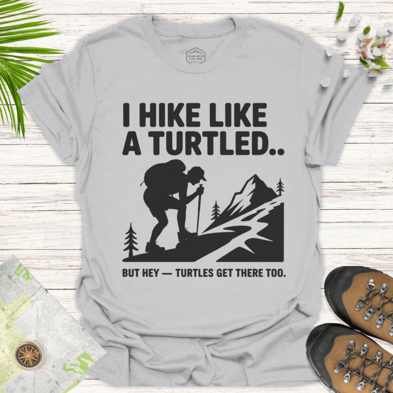 I Hike Like A Turtle" Funny T-Shirt - Softstyle Tee for Hikers - ice grey