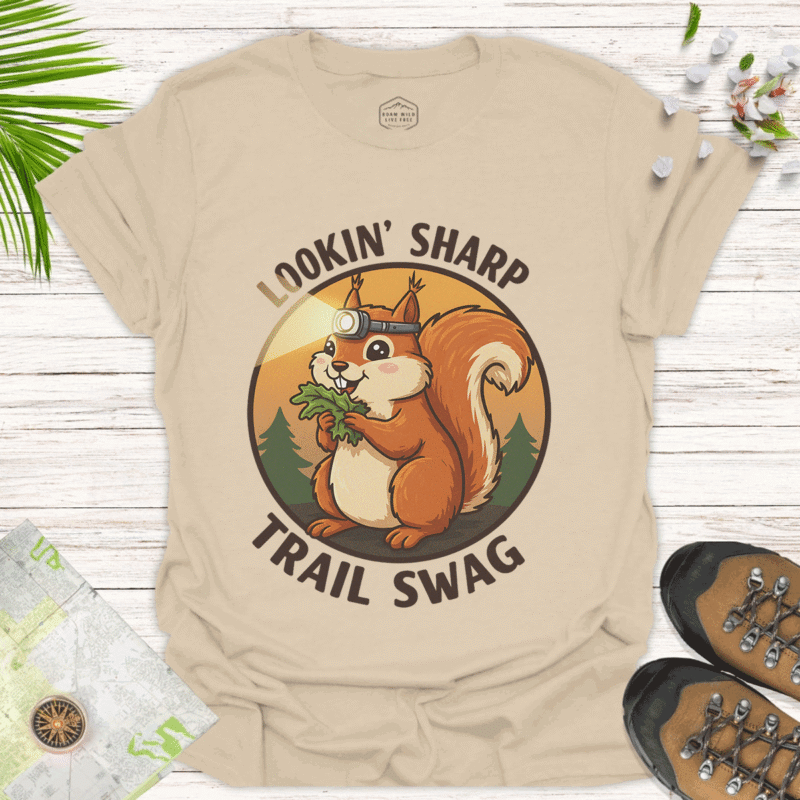 Lookin' Sharp on the Trail – Bold Squirrel Tee for Outdoor Fun - sand