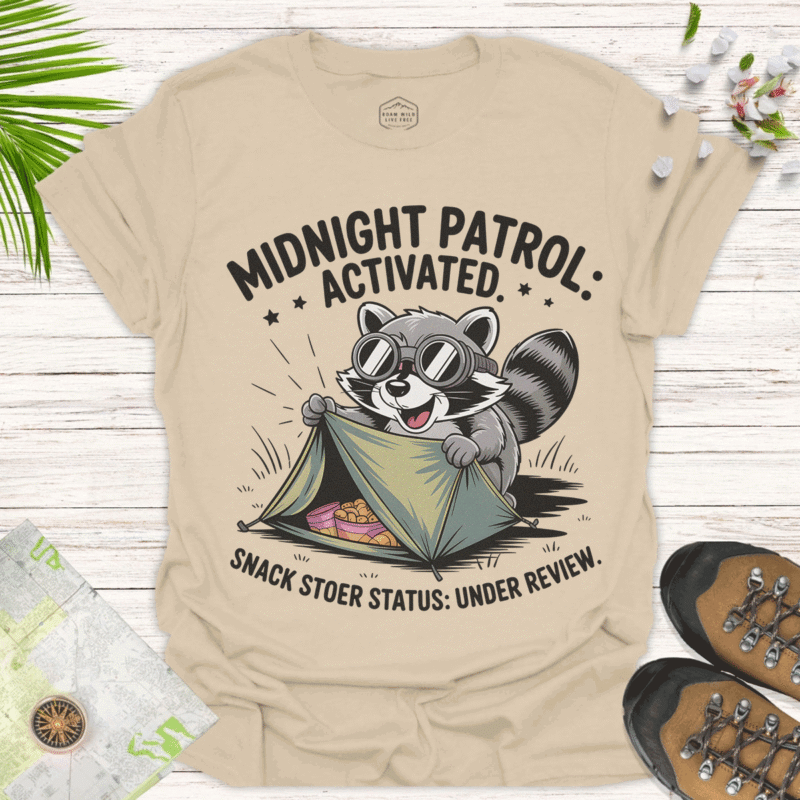 Midnight Patrol — Fun Raccoon Tee for Outdoor Lovers - sand