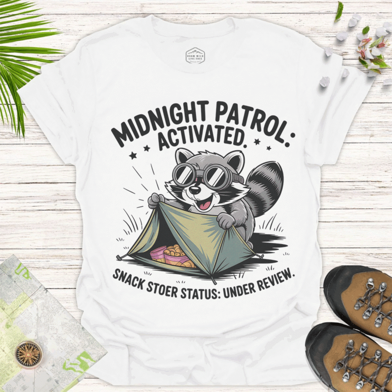 Midnight Patrol — Fun Raccoon Tee for Outdoor Lovers