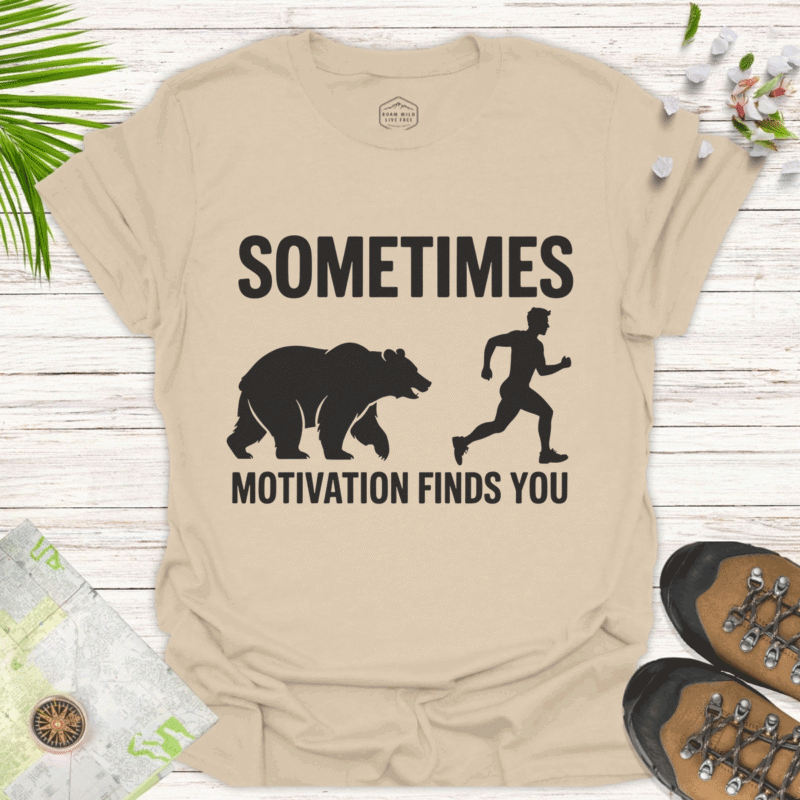 Motivational Bear Unisex T-Shirt - Sometimes Motivation Finds You - sand