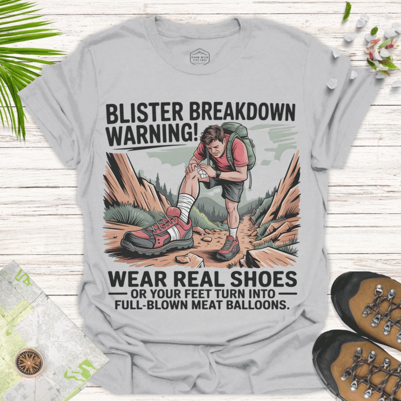 Outdoor Adventure T-Shirt - Blister Breakdown Warning Graphic Tee - ice grey