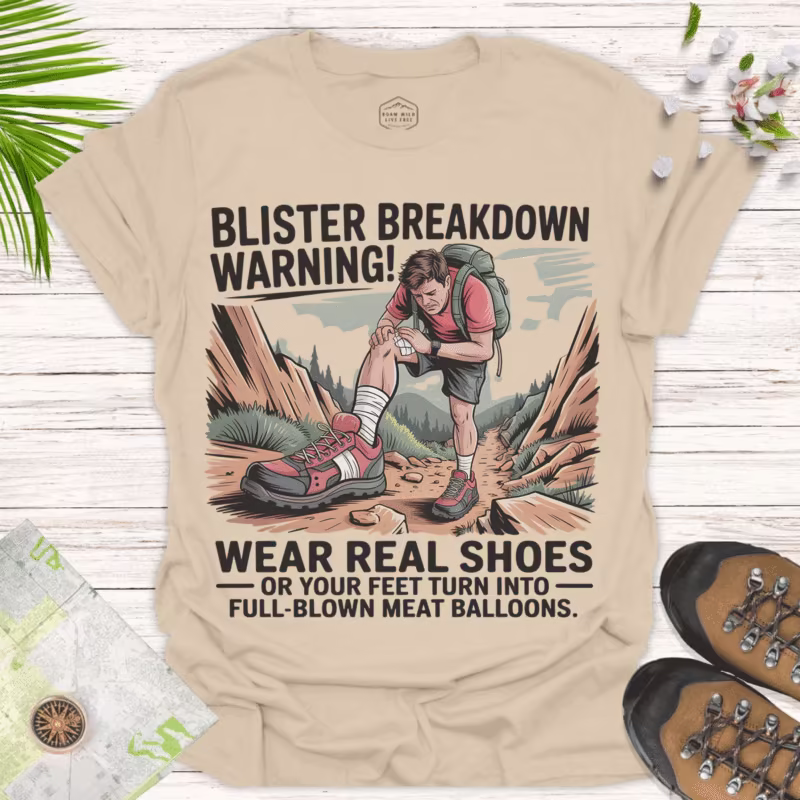 Outdoor Adventure T-Shirt - Blister Breakdown Warning Graphic Tee - sand