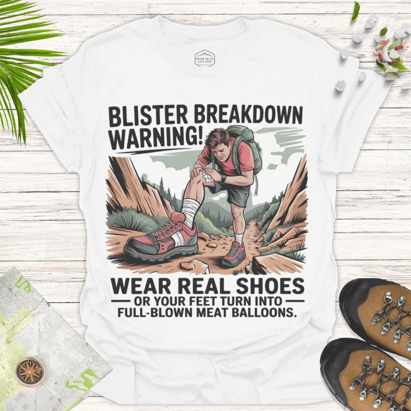 Outdoor Adventure T-Shirt - Blister Breakdown Warning Graphic Tee - white
