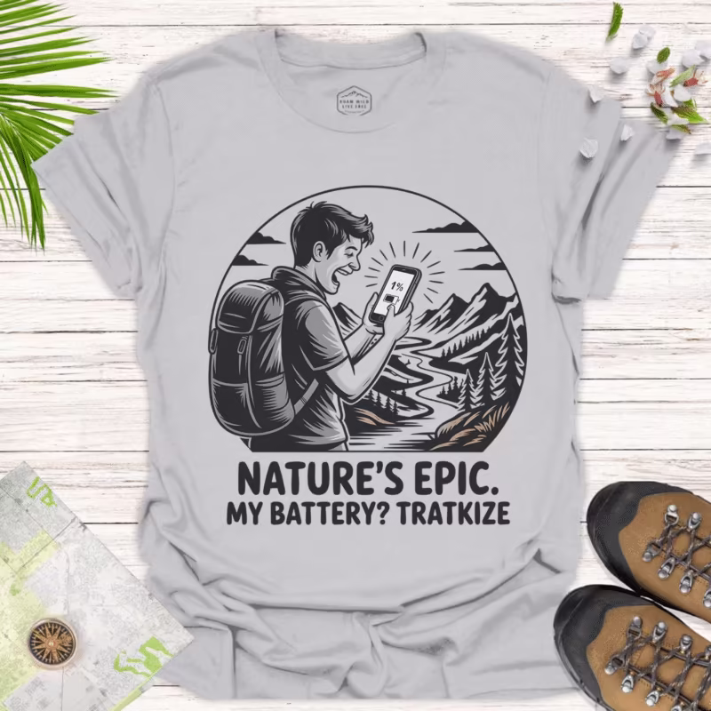 Outdoor Explorer Tee Nature's Grand. Battery Running Low - ice grey