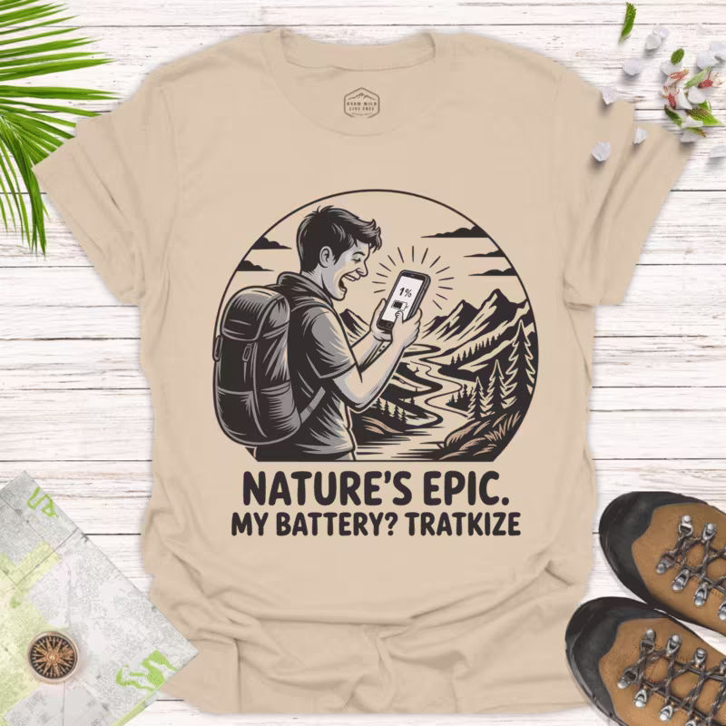 Outdoor Explorer Tee Nature's Grand. Battery Running Low -sand