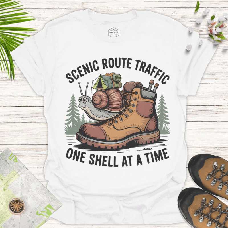 Scenic Route Snail — One Shell at a Time Adventure Tee - white