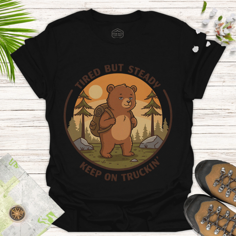 Tired But Steady Bear Tee – Unisex Outdoor Adventure Shirt - black
