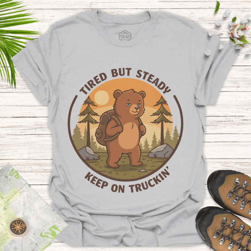 Tired But Steady Bear Tee – Unisex Outdoor Adventure Shirt - ice grey