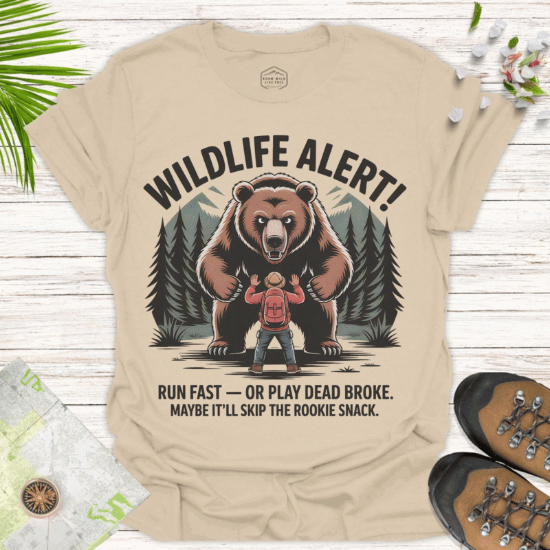 Wildlife Alert Bear — Funny Outdoor Adventure Tee - sand