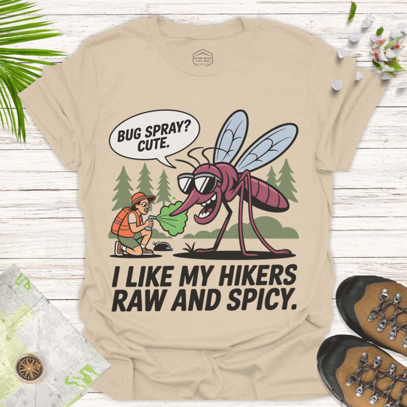 Bug Spray Battle Shirt – Funny Hiking Tee for Campers sand