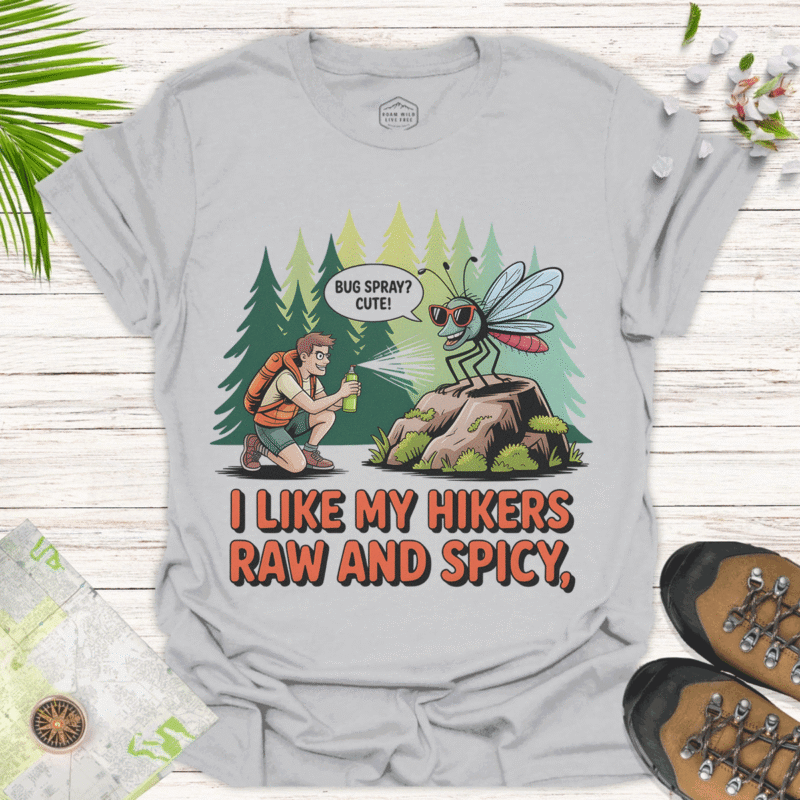 I Like My Hikers Raw & Spicy – Funny Camping Tee - ice grey