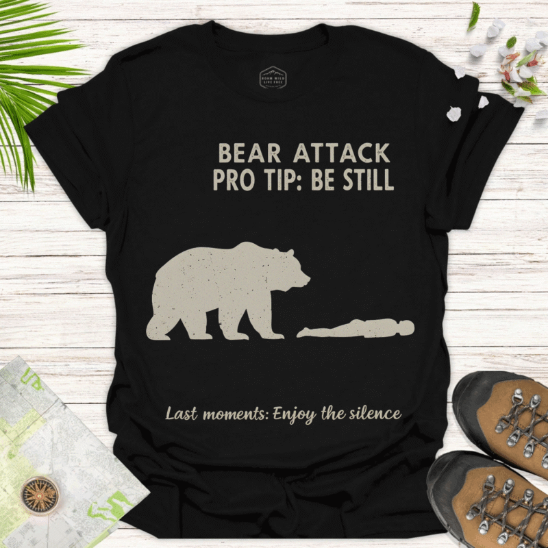 Play Dead Tee – Bear Attack Humor Shirt for Hikers - black